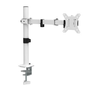 Single monitor arm in white with adjustable pole, extended arm and clamp mount