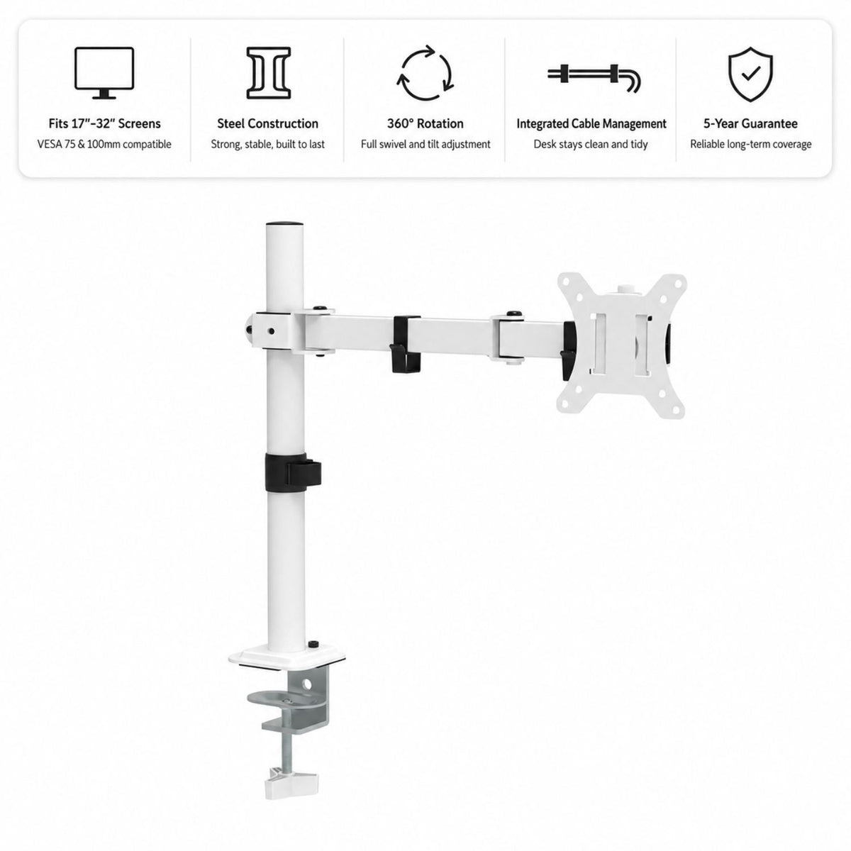 Single monitor arm showing screen compatibility, steel construction, 360 degree rotation and integrated cable management