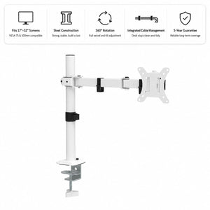 Single monitor arm showing screen compatibility, steel construction, 360 degree rotation and integrated cable management