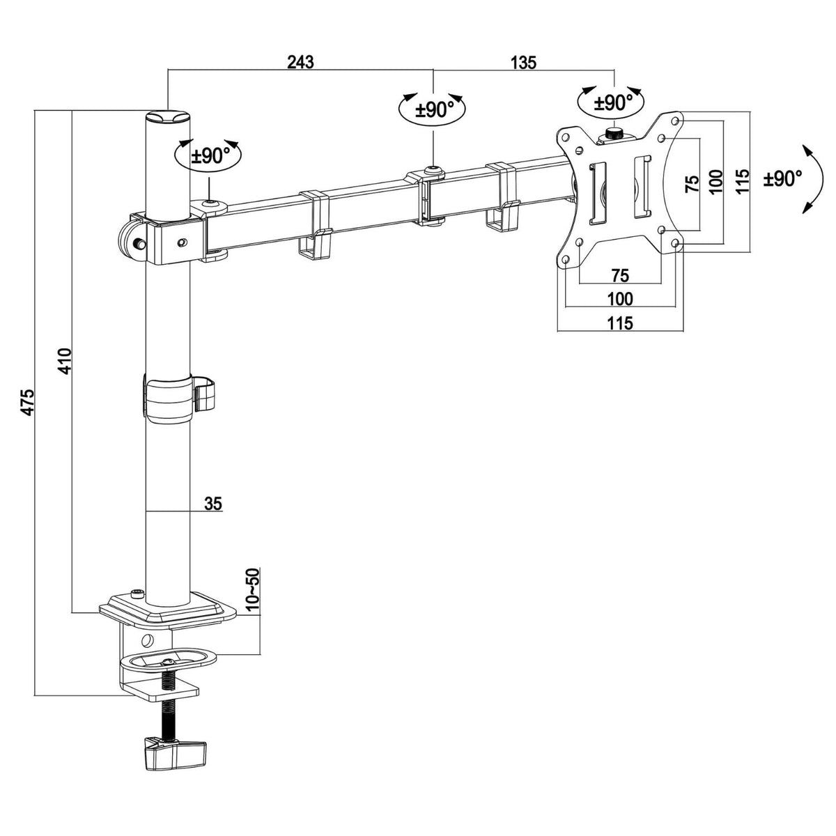 Single monitor arm technical drawing showing height, arm reach, VESA dimensions and adjustment angles