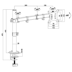 Single monitor arm technical drawing showing height, arm reach, VESA dimensions and adjustment angles