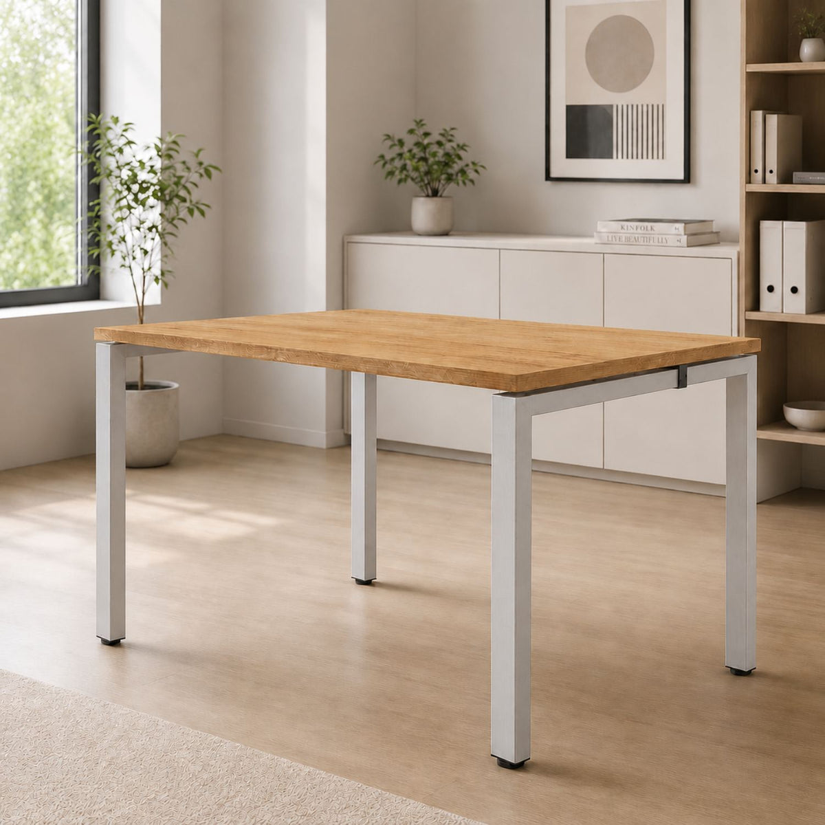 Single office bench desk with oak desktop and silver frame in a clean workspace, suitable as an office bench desk for 1 person