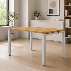 Single office bench desk with oak desktop and silver frame in a clean workspace, suitable as an office bench desk for 1 person