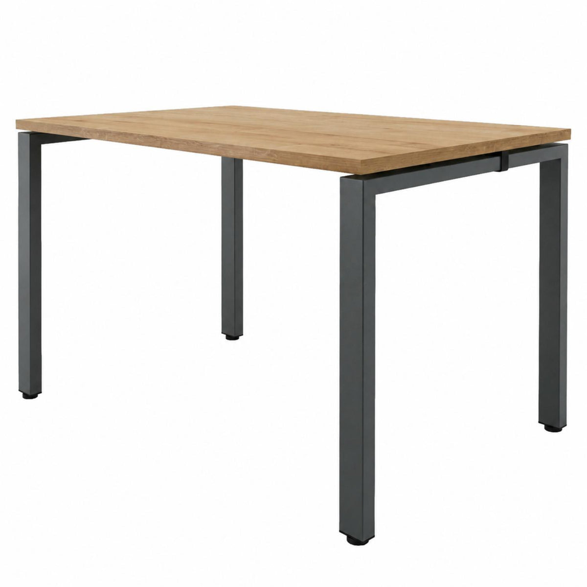 Single office bench desk with oak top and black frame on a plain white background