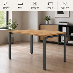 Single office desk feature graphic showing 25mm desktop, 4 sizes, wide finish choice, scalable bench desking, and 5-year frame warranty