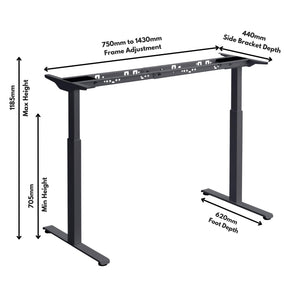 Sit stand desk base | Kinetik-2 Frame Dimensions