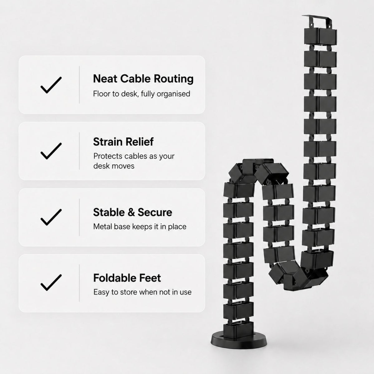 Sit stand desk cable tidy with neat cable routing features