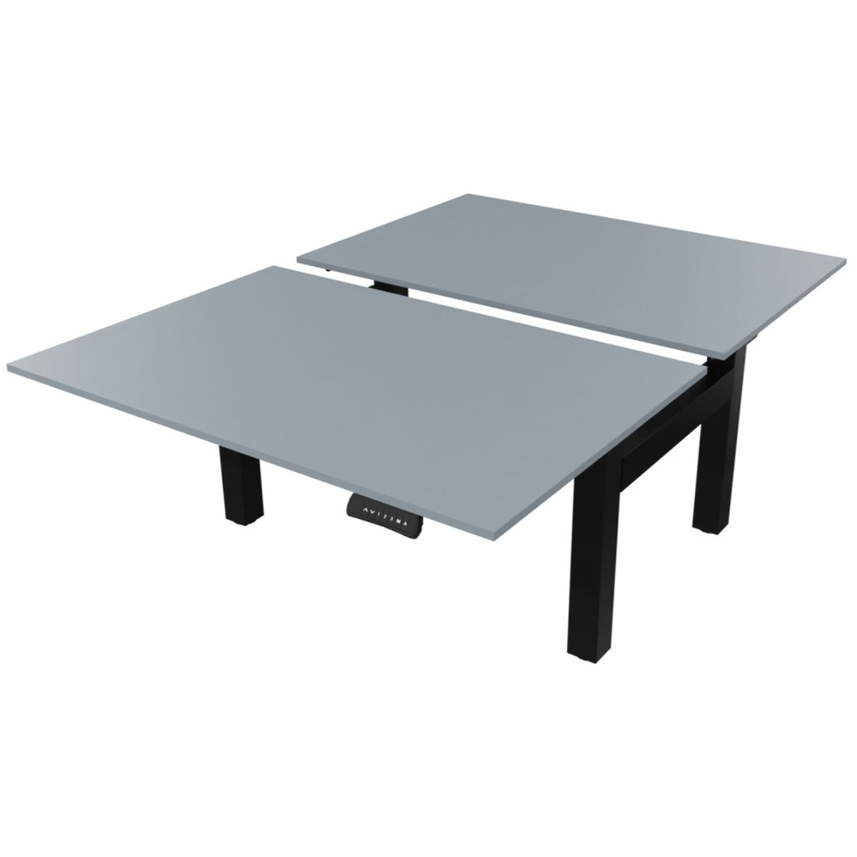 Sit stand desk for 2 with grey desk tops and black frame