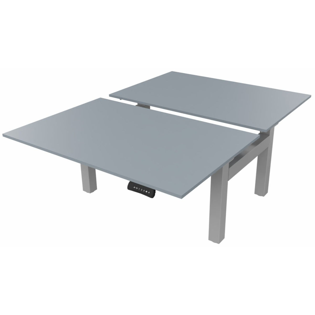 Sit stand desk for 2 with grey desk tops and silver frame