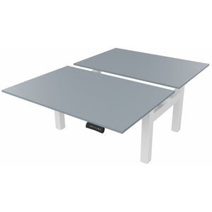 Sit stand desk for 2 with grey desk tops and white frame