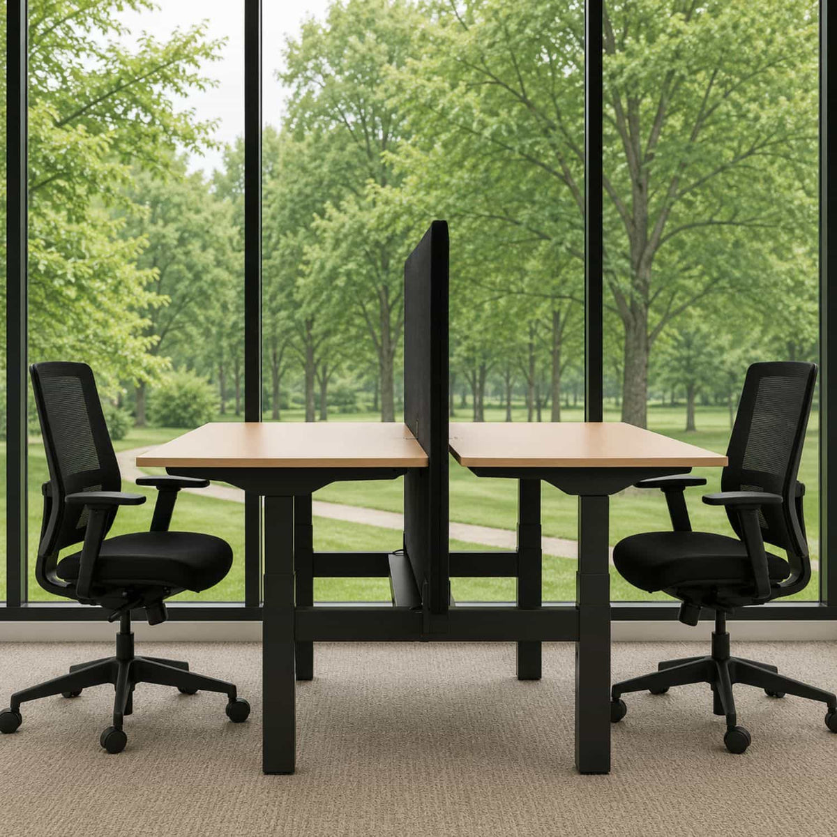 Sit stand dual bench desk screen shown in side view between two height-adjustable desks and task chairs