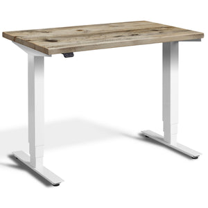 Small Real Wood Adjustable Standing Desk - Pacto - Reclaimed Scaffold Board Top - White Frame - Studio Image