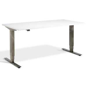 white standing desk with raw steel frame viewed from front