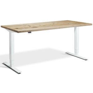 Solid Wood Adjustable Standing Desk - Ultimate Masta - White Frame - Reclaimed Scaffold Board Top - Studio Image