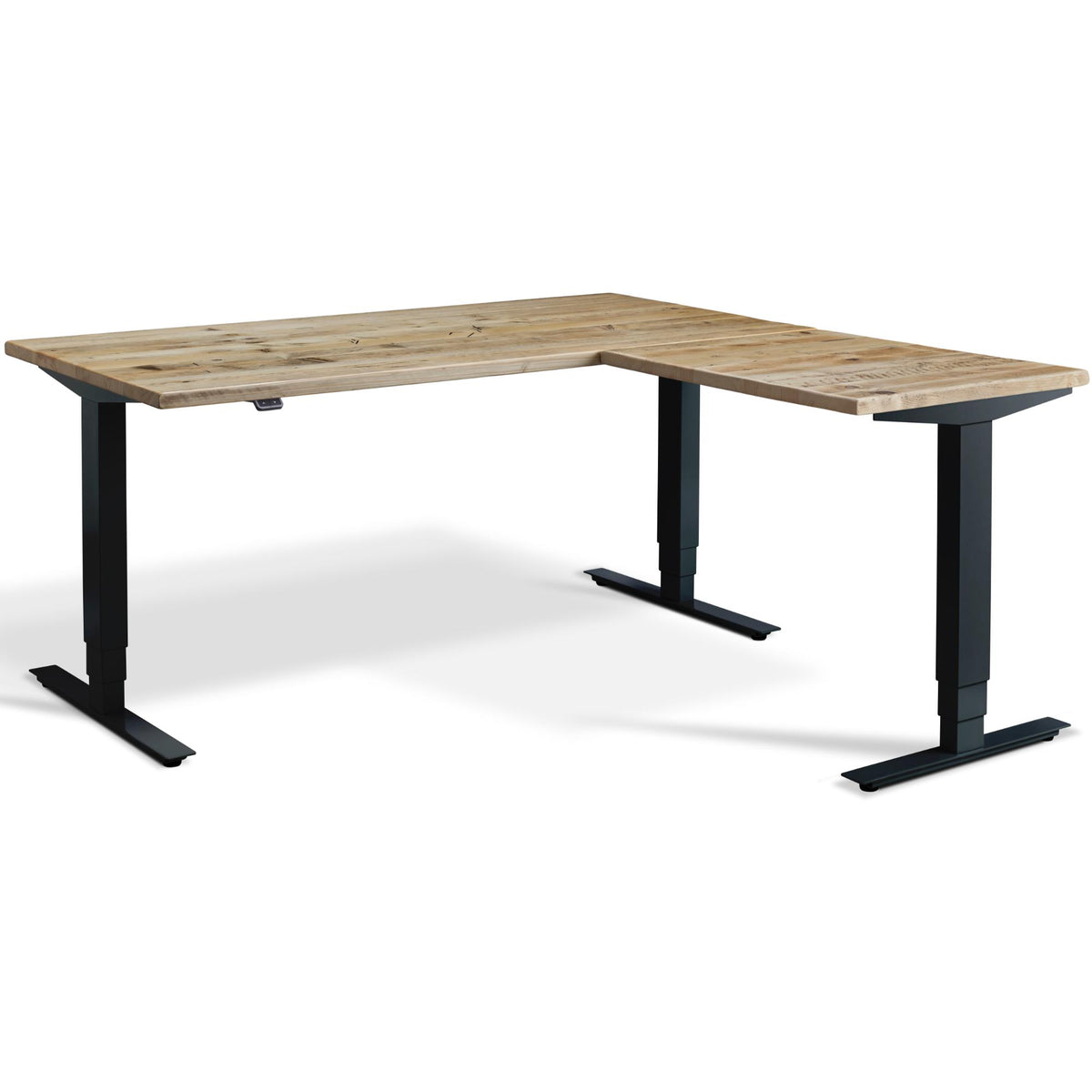 Solid Wood L-Shape Standing Desk - Masta - Reclaimed Scaffold Board Top - Black Frame - Studio Image