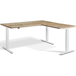 Solid Wood L-Shape Standing Desk - Masta - Reclaimed Scaffold Board Top - White Frame - Studio Image