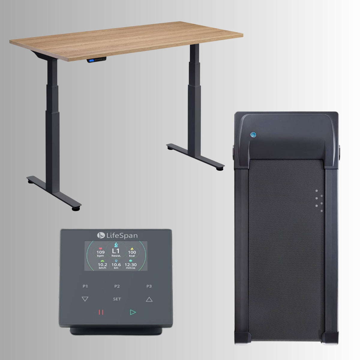 Stand up Desk with Treadmill
 - Rize Walk - Anthracite Frame Desk - Brown Oak Top - TR1200 Treadmill with SC110 Bluetooth Desk Console