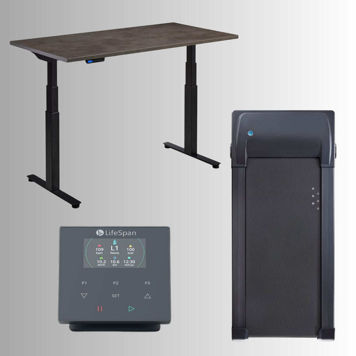 Stand up Desk with Treadmill
 - Rize Walk - Black Frame Desk - Dark Concrete Top - TR1200 Treadmill with SC110 Bluetooth Desk Console