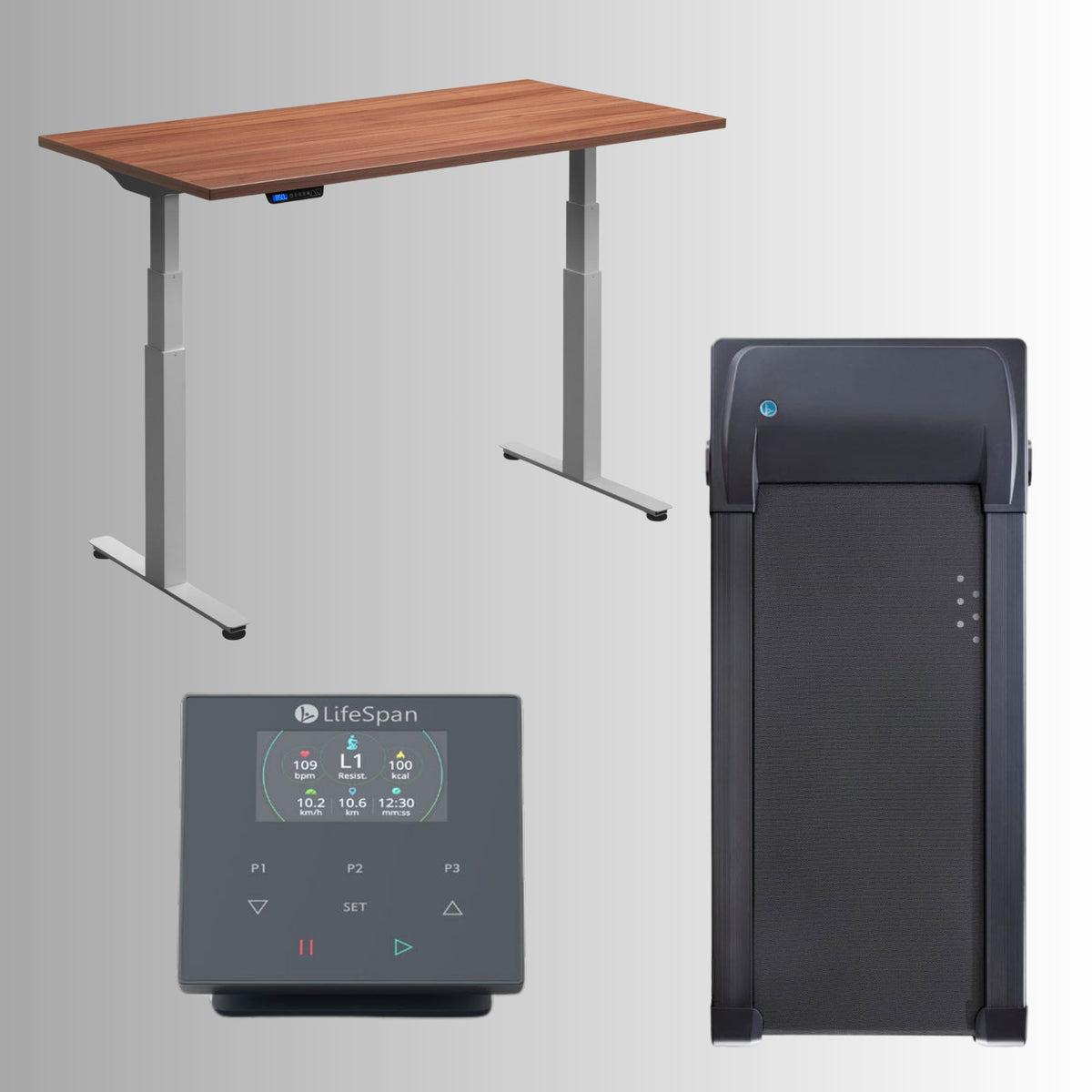Stand up Desk with Treadmill
 - Rize Walk - Silver Frame Desk - Natural Dijon Walnut Top - TR1200 Treadmill with SC110 Bluetooth Desk Console
