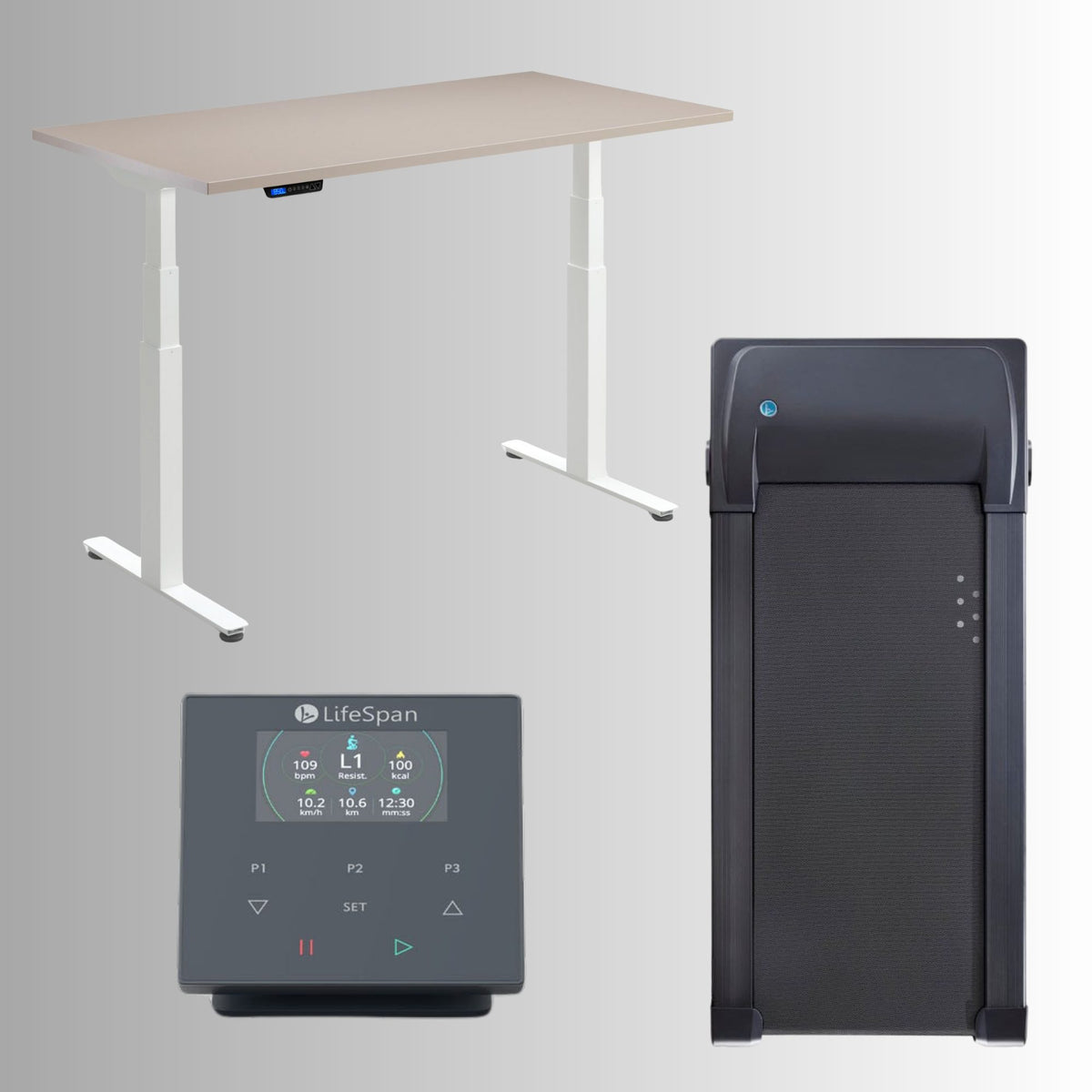 Stand up Desk with Treadmill
 - Rize Walk - White Frame Desk - Stone Top - TR1200 Treadmill with SC110 Bluetooth Desk Console