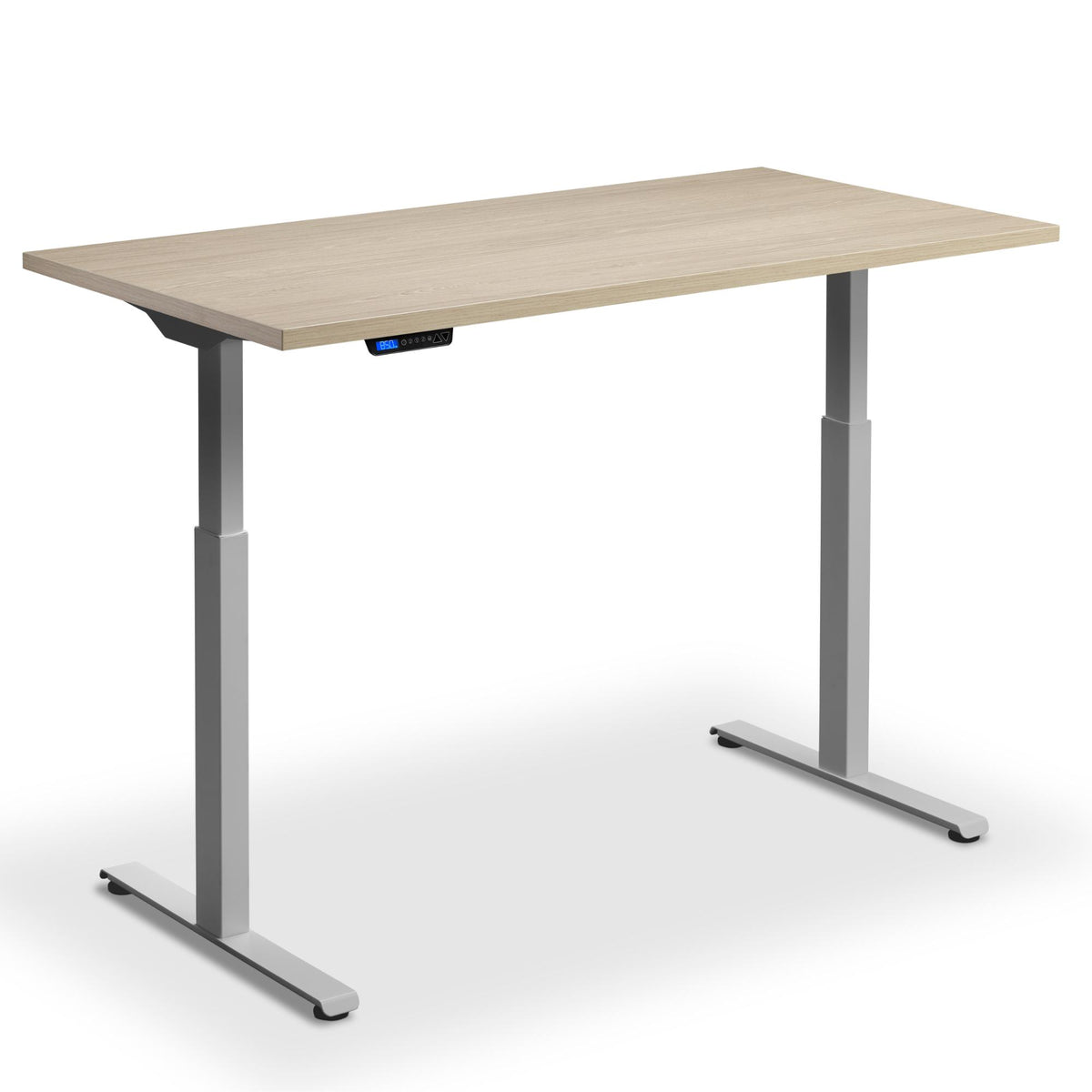 90x60 standing desk natural oak top silver frame view from front