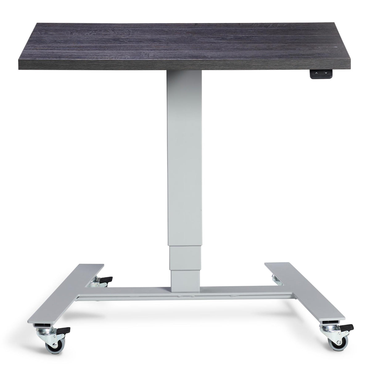 Standing Desk With Wheels - Rova - Silver Frame - Anthracite Sherman Oak Top - Studio Image