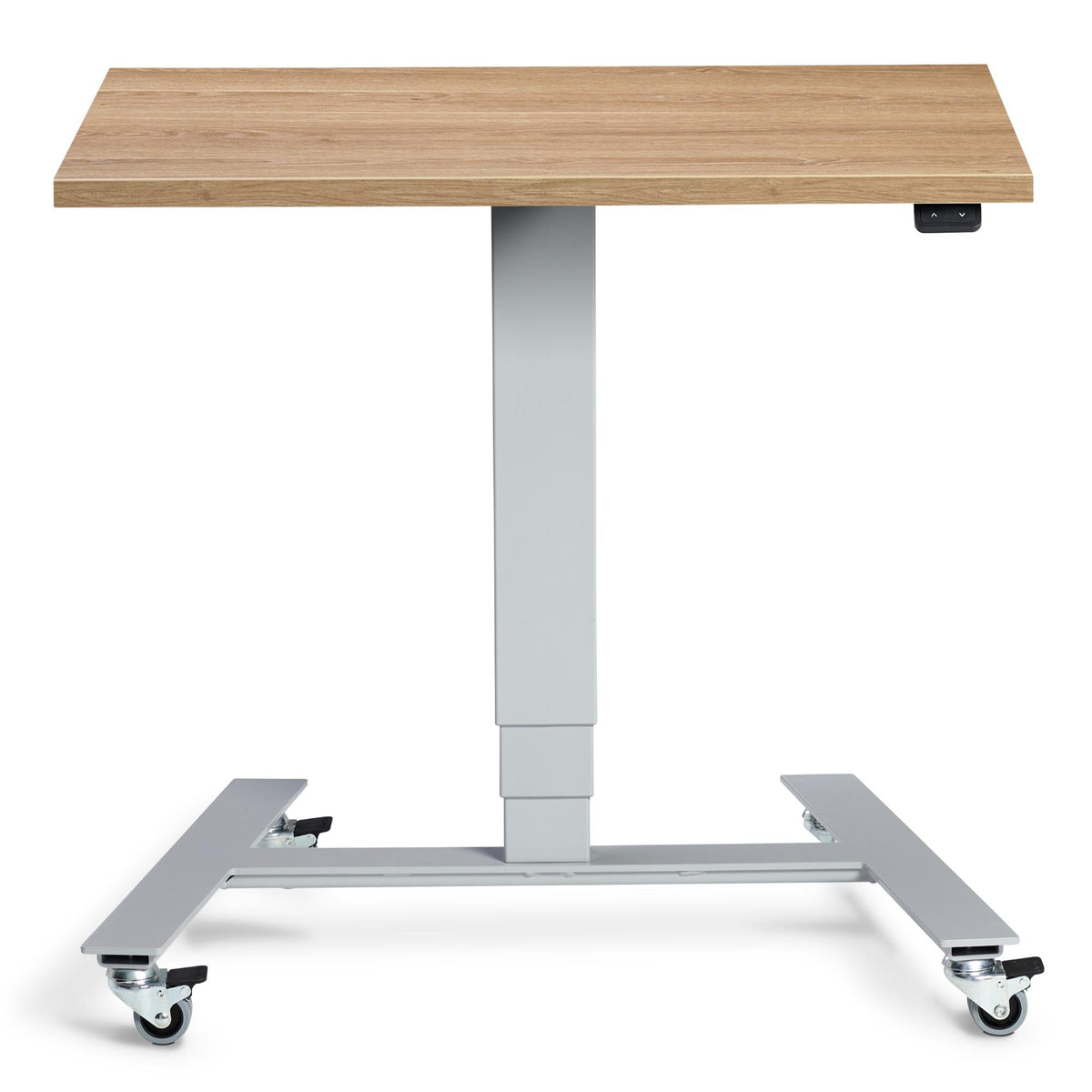 Standing Desk With Wheels - Rova - Silver Frame - Brown Oak Top - Studio Image