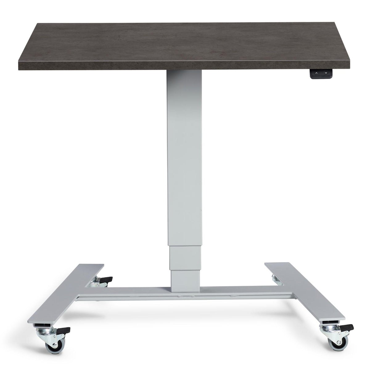 Standing Desk With Wheels - Rova - Silver Frame - Dark Concrete Top - Studio Image