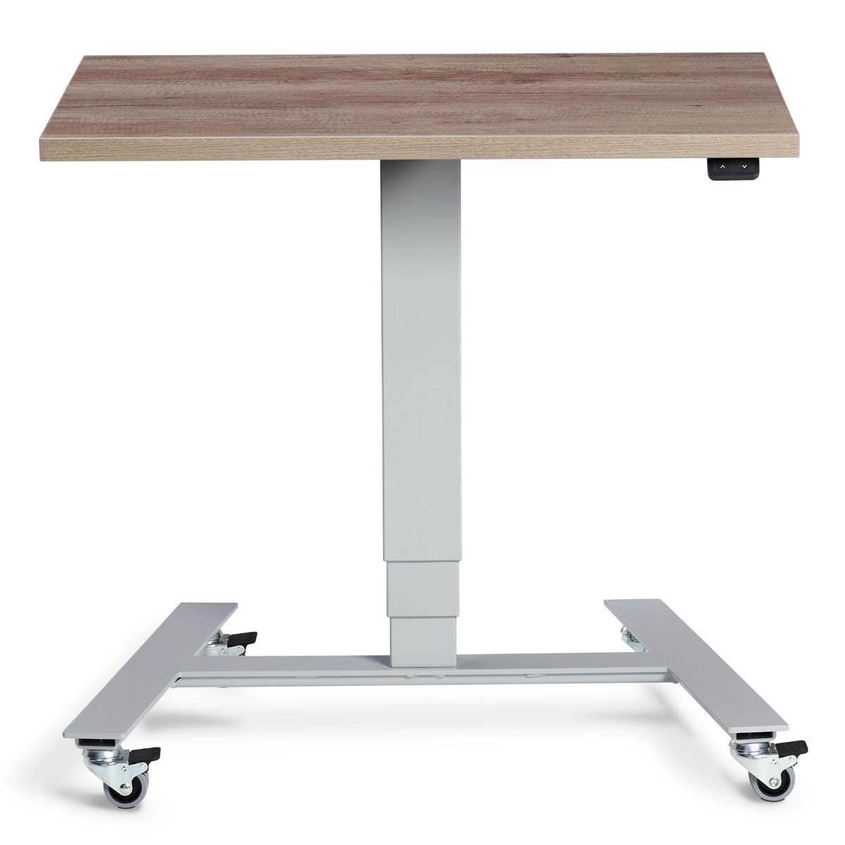 Standing Desk With Wheels - Rova - Silver Frame - Grey Nebraska Oak Top - Studio Image
