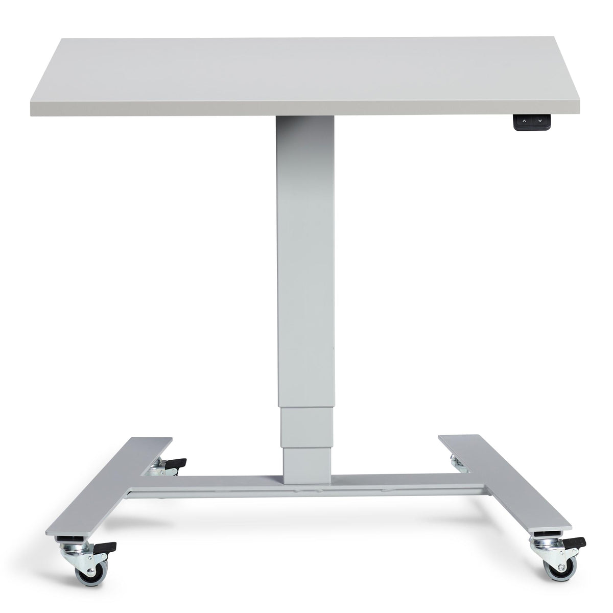 Standing Desk With Wheels - Rova - Silver Frame - Light Grey Top - Studio Image