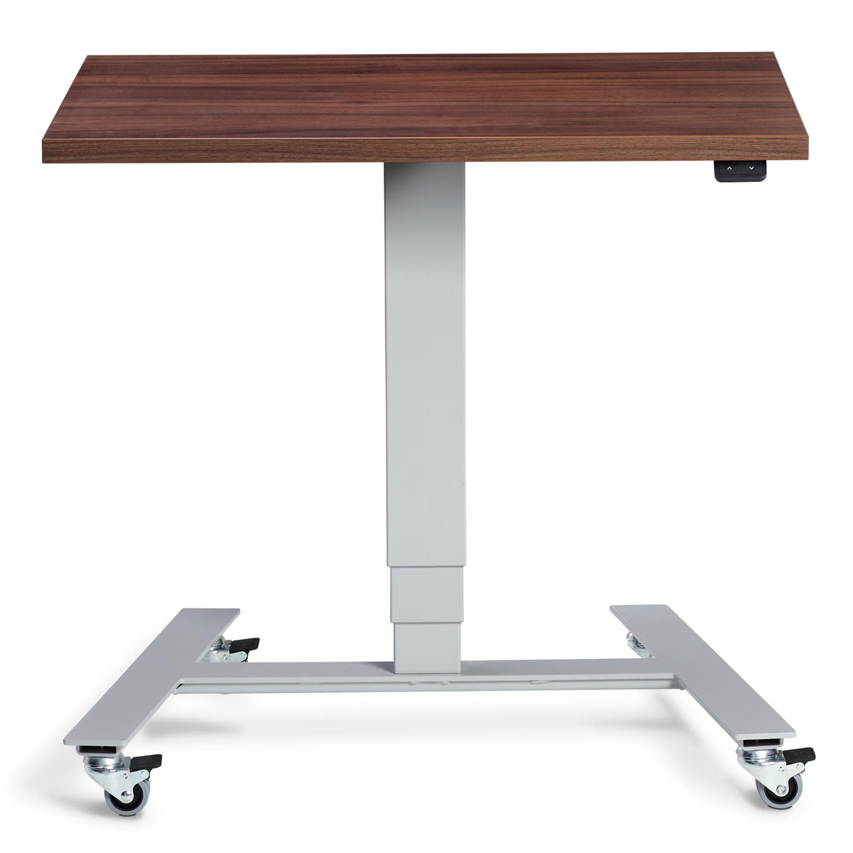 Standing Desk With Wheels - Rova - Silver Frame - Natural Dijon Walnut Top - Studio Image