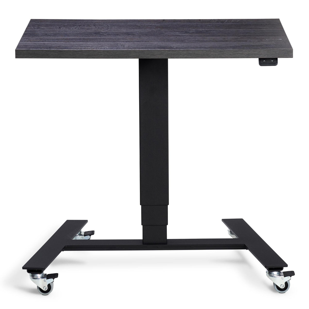 Standing Desk on Wheels - Rova Desk - Black Frame - Anthracite Sherman Oak Top - Studio Image