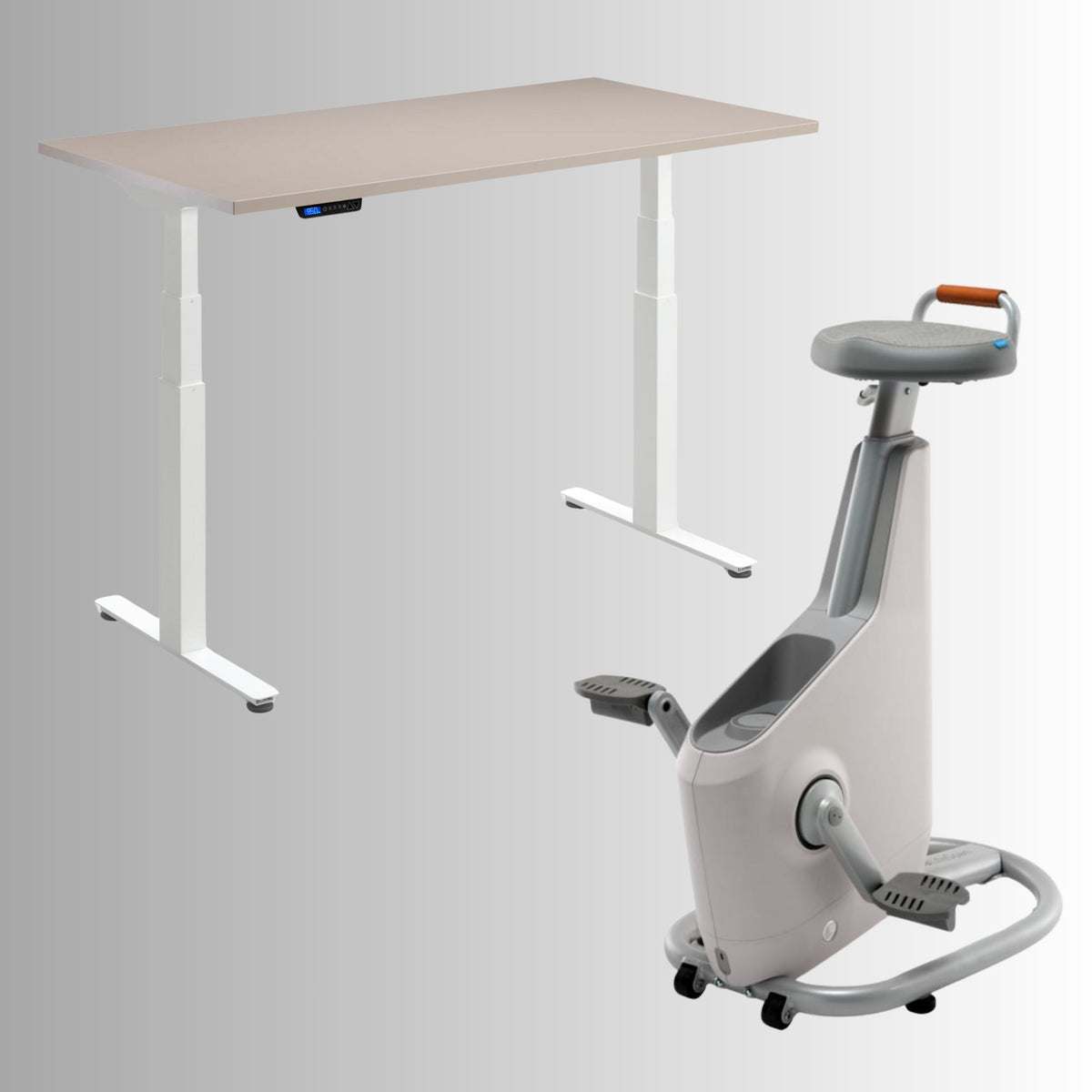 Standing Desk with Bike - Rize Spin - White Frame Desk - Stone Top - Ampera Bike in Glacier White Colour