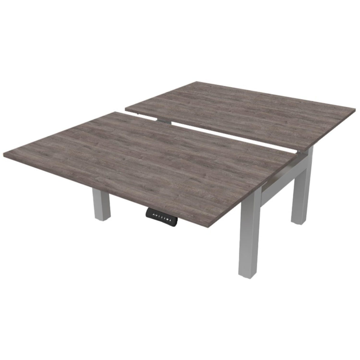 Standing desk for 2 with grey oak desk tops and silver frame