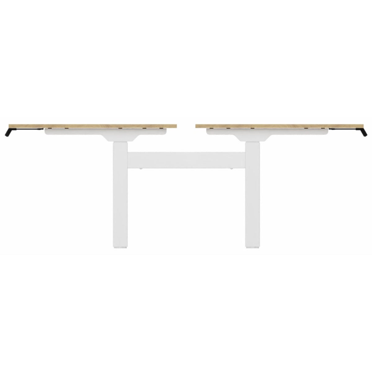 Standing desk for 2 with oak desk tops and white frame, side view