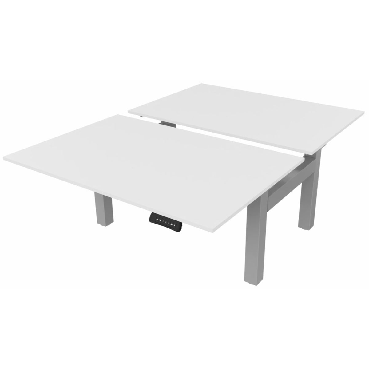 Standing desk for 2 with white desk tops and silver frame