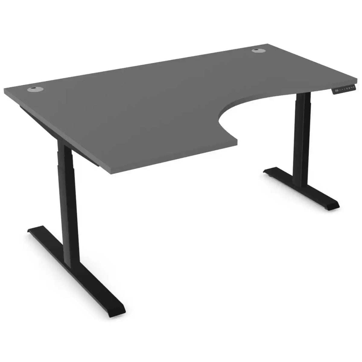 Standing desk with curve, 1600mm x 1200mm graphite desk top, black frame and left-hand return