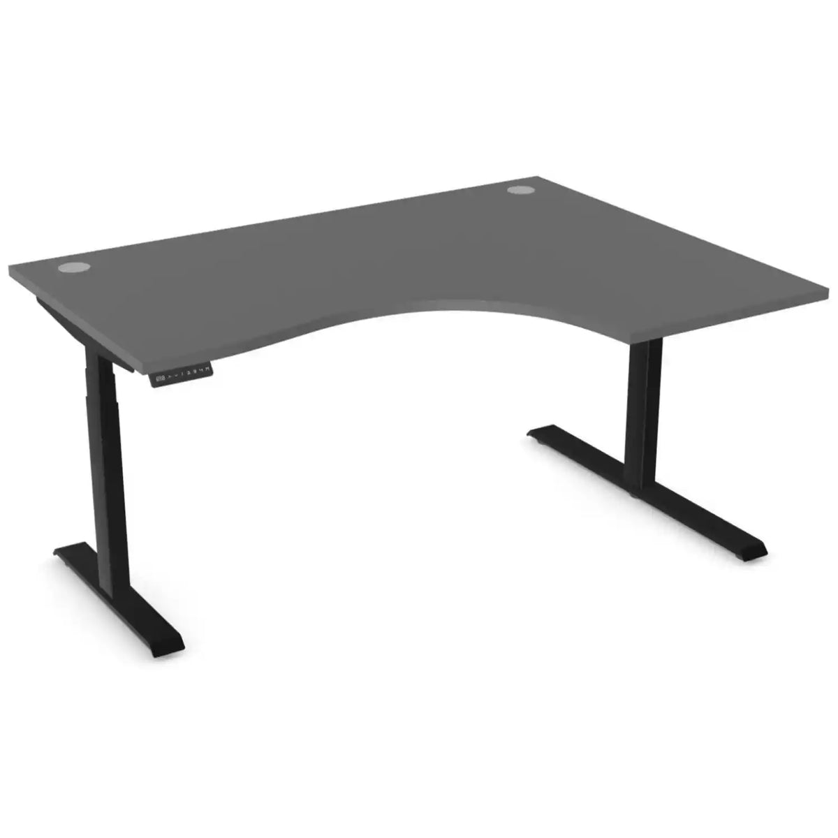Standing desk with curve, 1600mm x 1200mm graphite desk top, black frame and right-hand return
