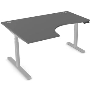 Standing desk with curve, 1600mm x 1200mm graphite desk top, silver frame and left-hand return