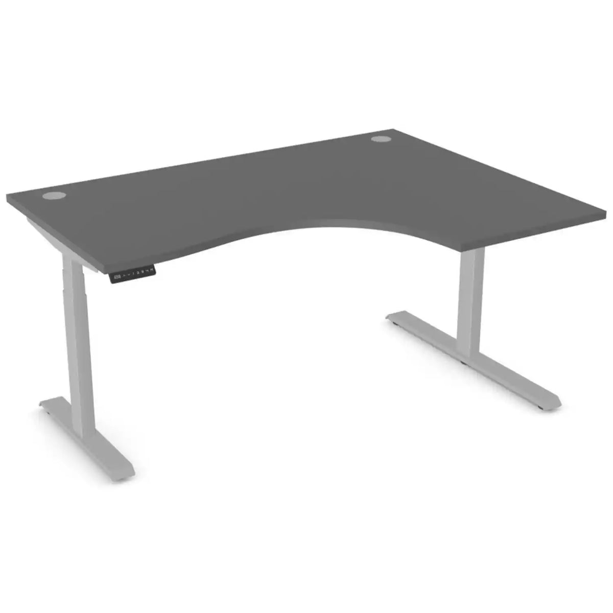 Standing desk with curve, 1600mm x 1200mm graphite desk top, silver frame and right-hand return