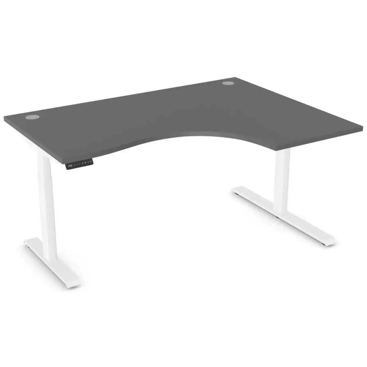 Standing desk with curve, 1600mm x 1200mm graphite desk top, white frame and right-hand return
