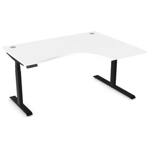 Standing desk with curve, 1600mm x 1200mm white desk top, black frame and right-hand return