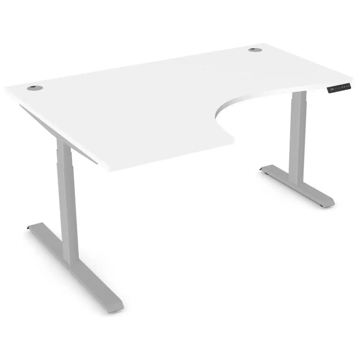 Standing desk with curve, 1600mm x 1200mm white desk top, silver frame and left-hand return