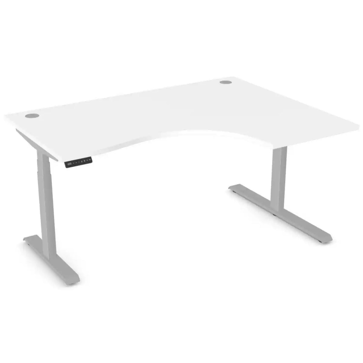 Standing desk with curve, 1600mm x 1200mm white desk top, silver frame and right-hand return