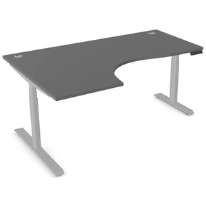 Standing desk with curve, 1800mm x 1200mm graphite desk top, silver frame and left-hand return