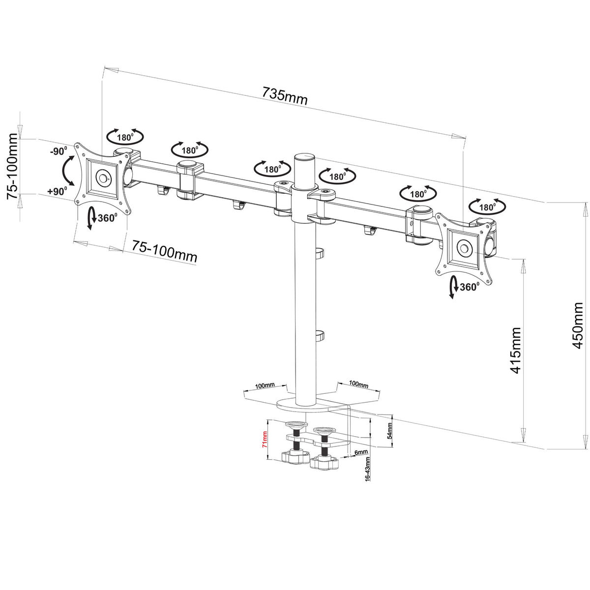 Strata Dual Monitor Arm - Dimensions Diagram