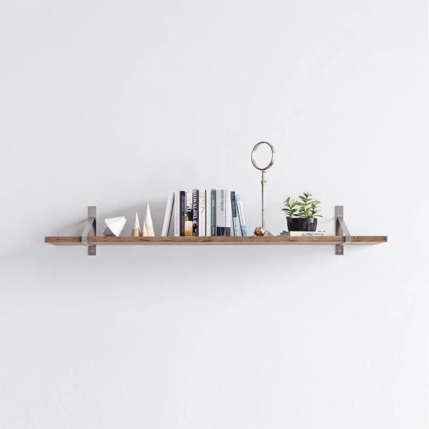Suspense shelf brackets, raw steel, long shelf with books and decor