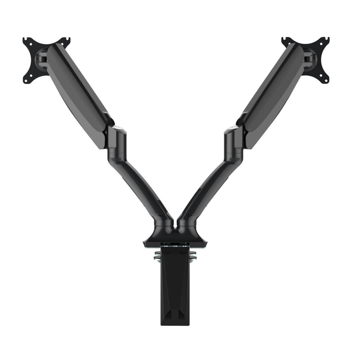 Twin monitor arm with dual adjustable arms and desk clamp