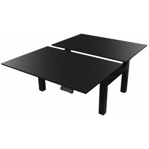 Two person standing desk with black desk tops and matching black frame