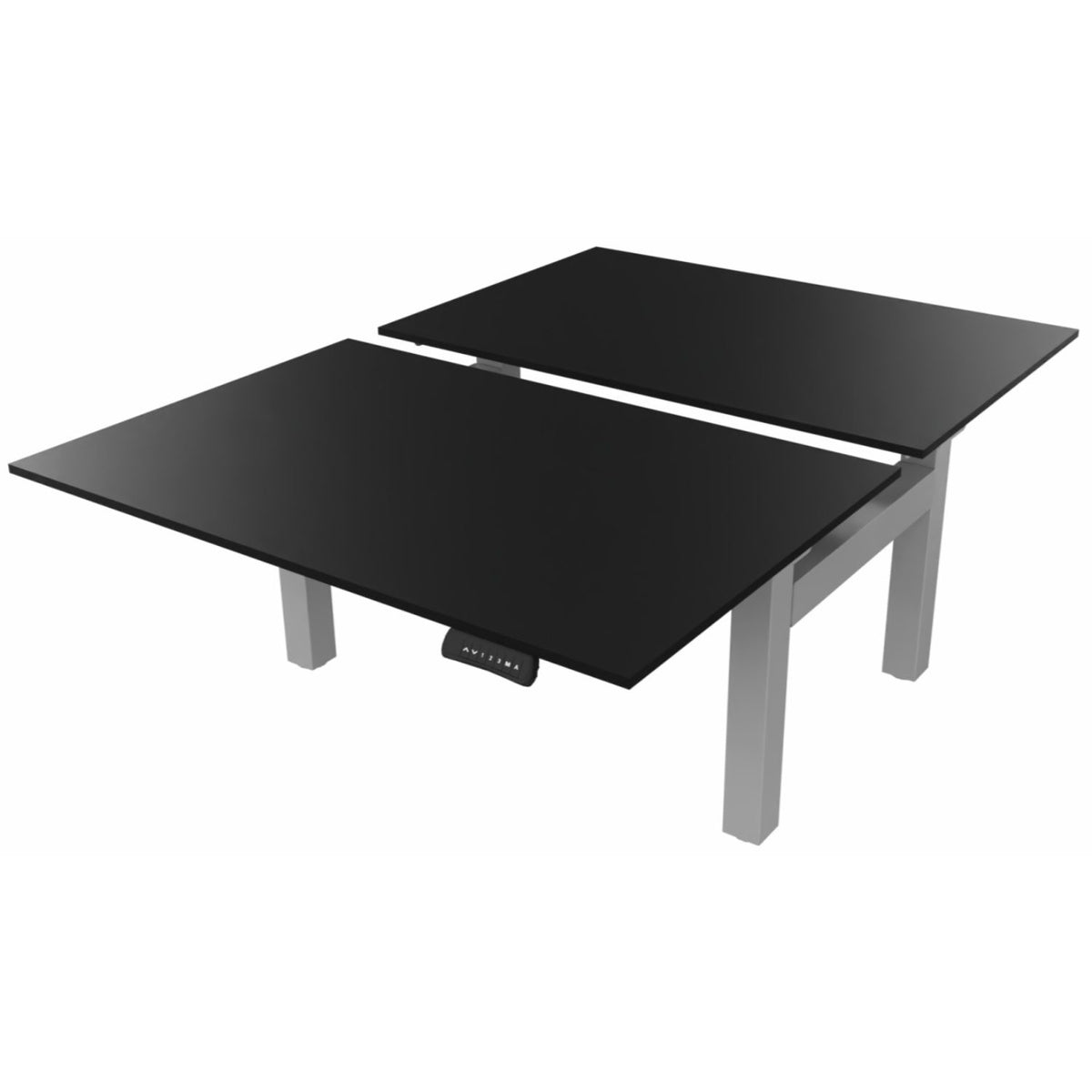 Two person standing desk with black desk tops and matching silver frame